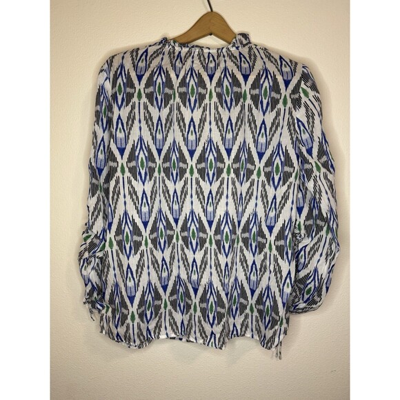 Chicos Blouse V Neck Ikat Beaded Spell Out Black White Size 1/8 Gathered Sleeves - Picture 4 of 9